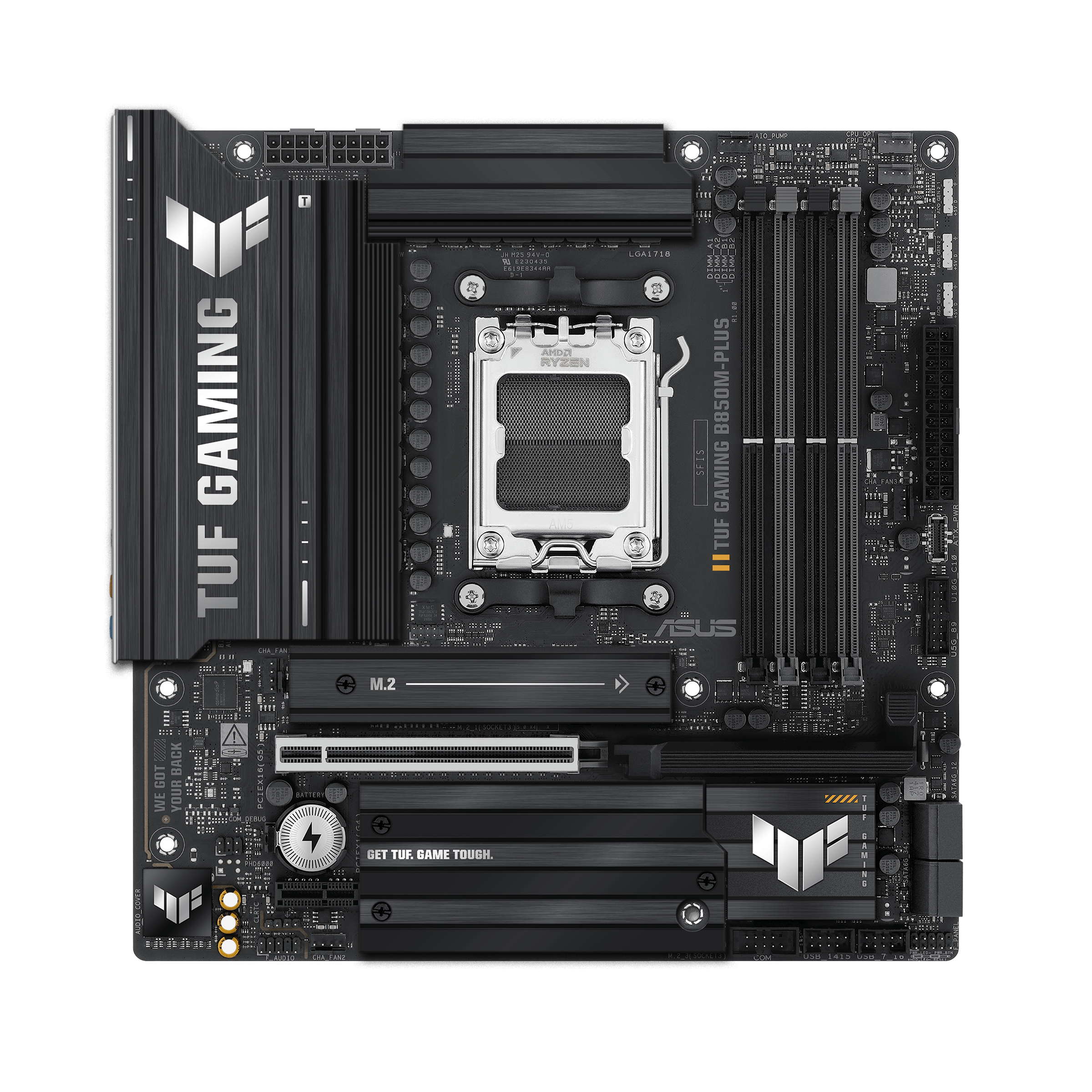 ASUS TUF GAMING B850M-PLUS - Motherboard - micro ATX - Socket AM5 - AMD B850 Chipset - USB-C 3.2 Gen 2x2, USB-C 3.2 Gen2, USB 3.2 Gen 2, USB 3.2 Gen 1 - 2.5 Gigabit LAN - onboard graphics (CPU required) - HD Audio (8-channel)