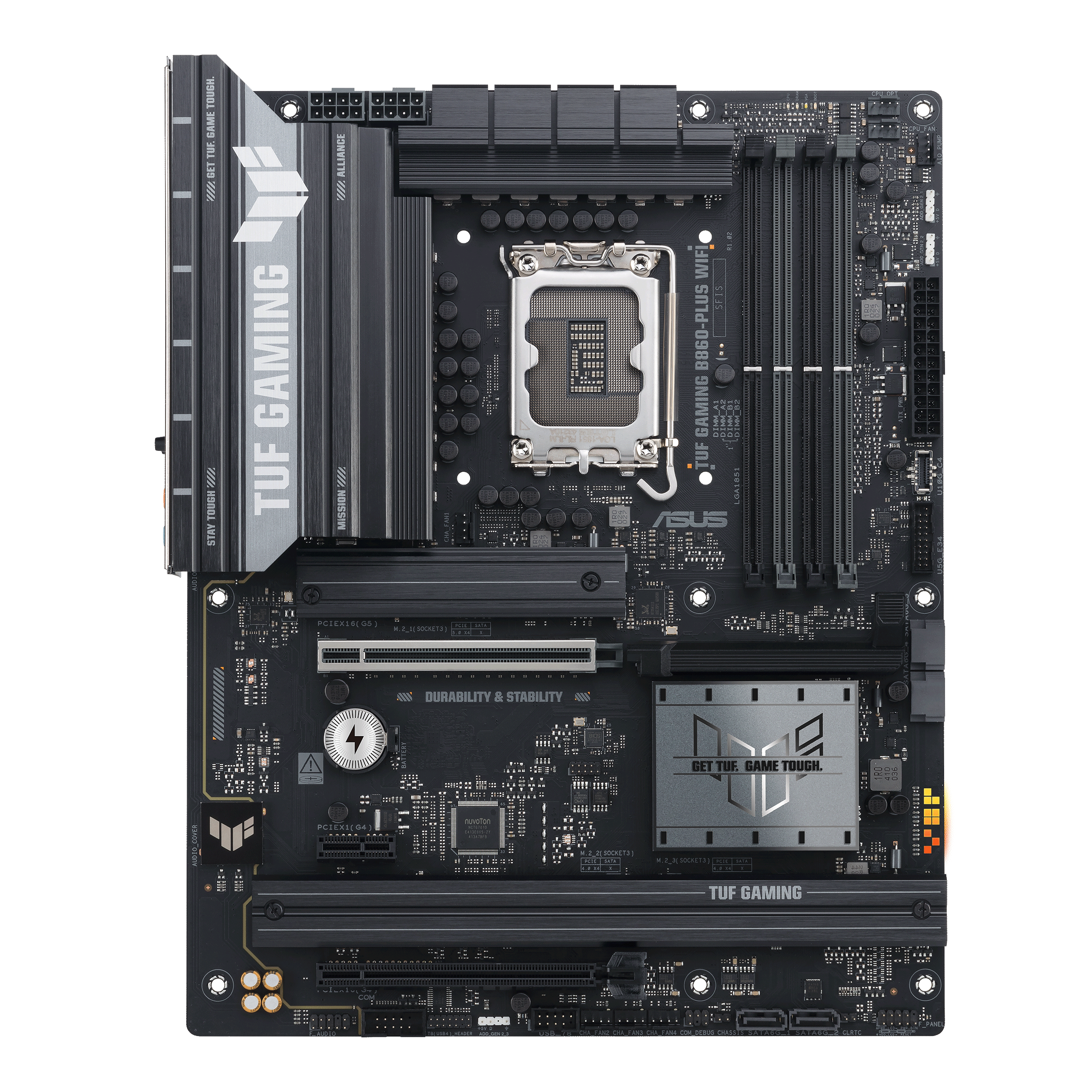 ASUS TUF GAMING B860-PLUS WIFI - Motherboard - ATX - LGA1851 Socket - B860 Chipset - USB-C 3.2 Gen 2x2, USB 3.2 Gen 2, USB 3.2 Gen 1, USB-C 3.2 Gen2 - 2.5 Gigabit LAN, Bluetooth, Wi-Fi 7 - onboard graphics (CPU required) - HD Audio (8-channel)