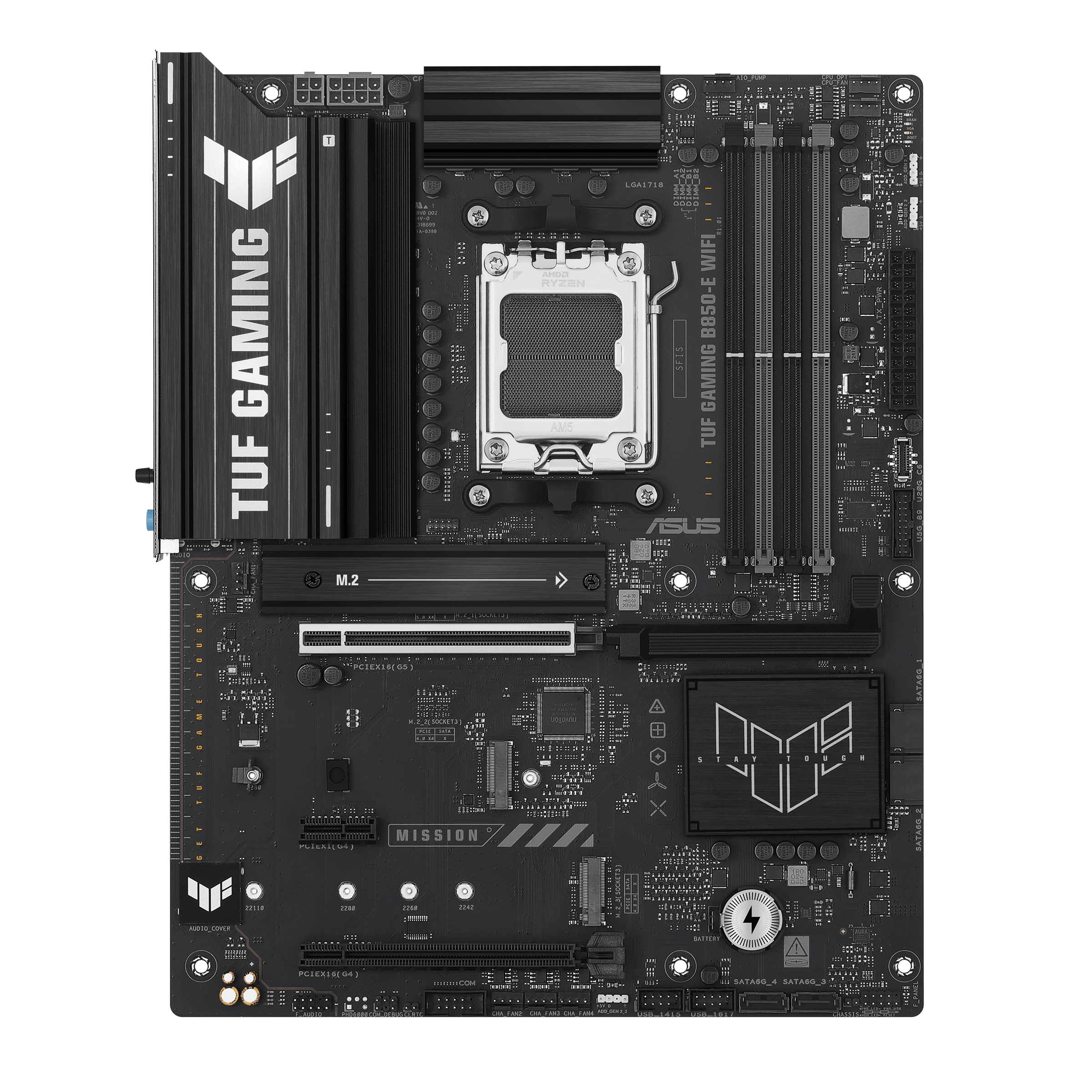 ASUS TUF GAMING B850-E WIFI - Motherboard - ATX - Socket AM5 - AMD B850 Chipset - USB-C 3.2 Gen2, USB 3.2 Gen 1, USB 3.2 Gen 2, USB-C 3.2 Gen 2x2, USB4 - Wi-Fi 6E, 2.5 Gigabit LAN, Bluetooth - onboard graphics (CPU required) - HD Audio (8-channel)