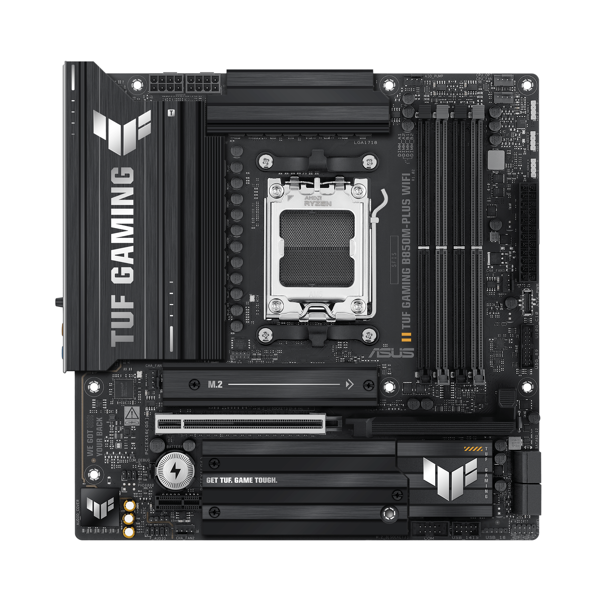ASUS TUF GAMING B850M-PLUS WIFI - Motherboard - micro ATX - Socket AM5 - AMD B850 Chipset - USB-C 3.2 Gen 2x2, USB-C 3.2 Gen2, USB 3.2 Gen 2, USB 3.2 Gen 1 - 2.5 Gigabit LAN, Wi-Fi 6E, Bluetooth - onboard graphics (CPU required) - HD Audio (8-channel)