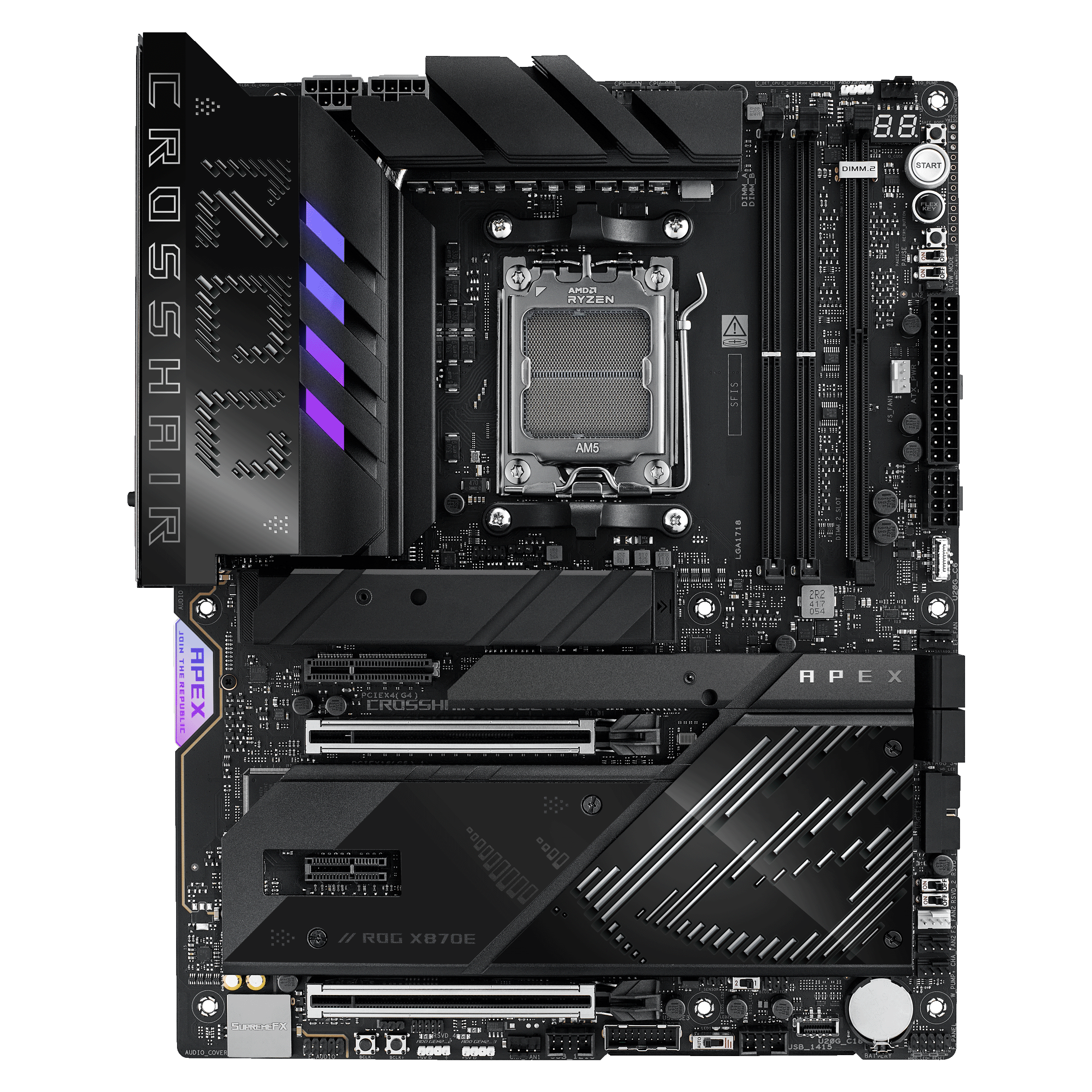 ASUS ROG CROSSHAIR X870E APEX - Motherboard - ATX - Socket AM5 - AMD X870E Chipset - USB4, USB-C 3.2 Gen2, USB 3.2 Gen 2, USB 3.2 Gen 1, USB-C 3.2 Gen 2x2 - Wi-Fi 7, Bluetooth, 5 Gigabit Ethernet - onboard graphics (CPU required) - HD Audio (8-channel)