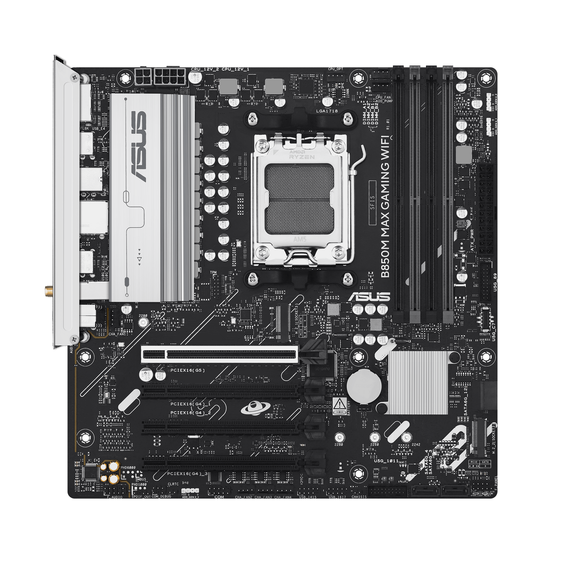 ASUS B850M MAX GAMING WIFI - Motherboard - micro ATX - Socket AM5 - AMD B850 Chipset - USB-C 3.2 Gen2, USB-C 3.2 Gen 1, USB 3.2 Gen 2, USB 3.2 Gen 1 - Wi-Fi 6, Bluetooth, Gigabit LAN - onboard graphics (CPU required) - HD Audio (8-channel)