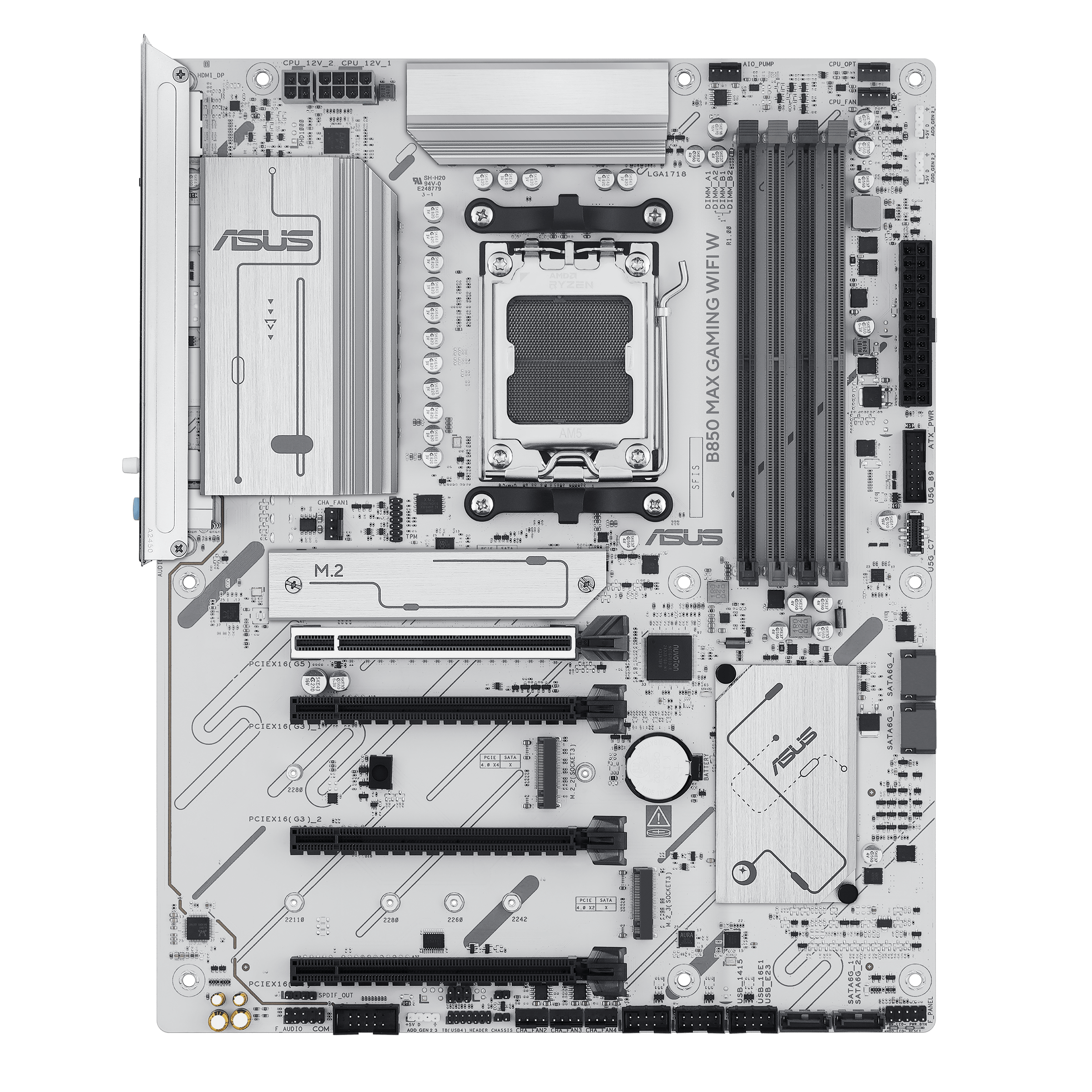 ASUS B850 MAX GAMING WIFI W - Motherboard - ATX - Socket AM5 - AMD B850 Chipset - USB-C 3.2 Gen2, USB-C 3.2 Gen 1, USB 3.2 Gen 2, USB 3.2 Gen 1 - Wi-Fi 6E, Bluetooth, 2.5 Gigabit LAN - onboard graphics (CPU required) - HD Audio (8-channel)