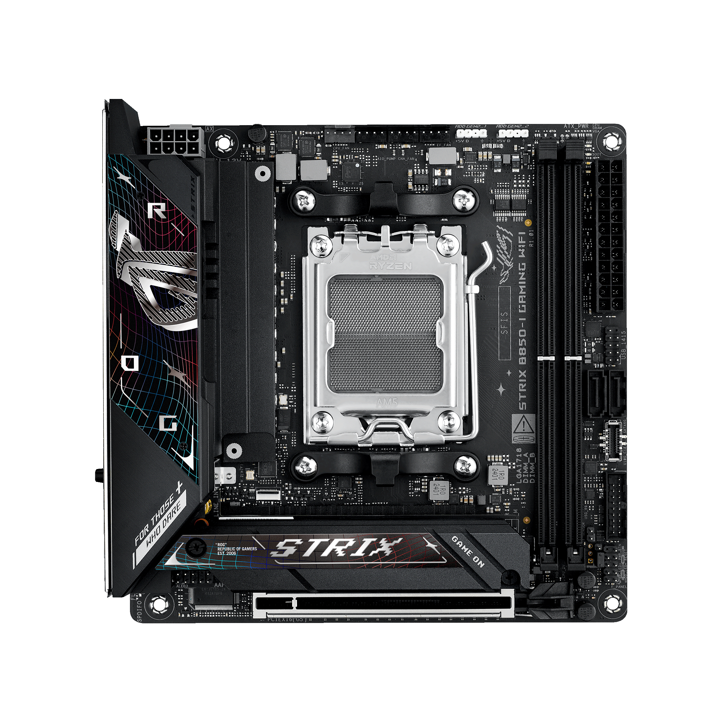 ASUS ROG STRIX B850-I GAMING WIFI - Motherboard - mini ITX - Socket AM5 - AMD B850 Chipset - USB-C 3.2 Gen 2x2, USB-C 3.2 Gen2, USB 3.2 Gen 2, USB 3.2 Gen 1 - 2.5 Gigabit LAN, Wi-Fi 7, Bluetooth - onboard graphics (CPU required) - HD Audio (8-channel)