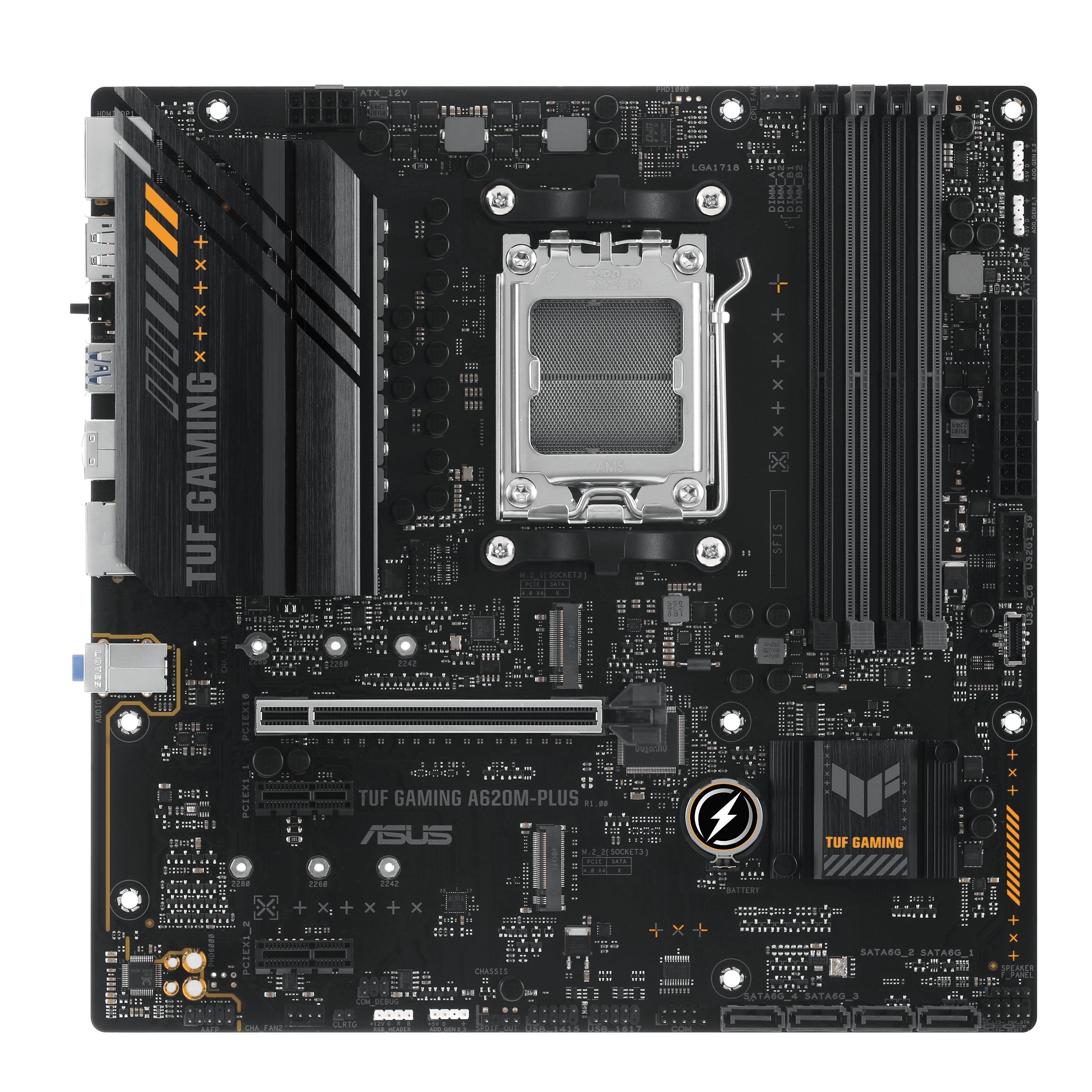 ASUS TUF GAMING A620AM-PLUS - Motherboard - micro ATX - Socket AM5 - AMD A620A Chipset - USB 3.2 Gen 1, USB-C 3.2 Gen 1, USB 3.2 Gen 2 - 2.5 Gigabit LAN - onboard graphics (CPU required) - HD Audio (8-channel)