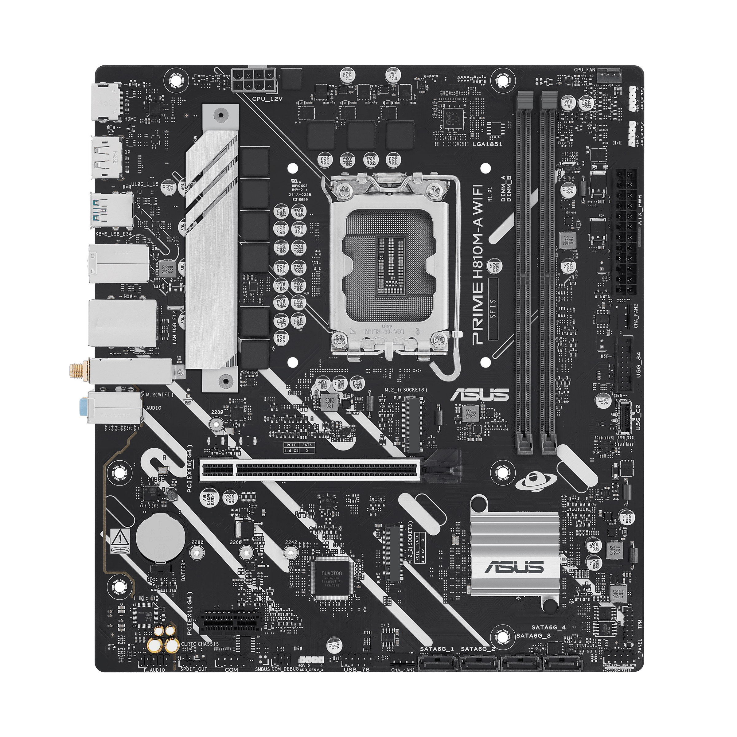 ASUS PRIME H810M-A WIFI - Motherboard - micro ATX - LGA1851 Socket - H810 Chipset - USB-C 3.2 Gen 1, USB 3.2 Gen 2, USB 3.2 Gen 1 - Gigabit LAN, Wi-Fi 6, Bluetooth - onboard graphics (CPU required) - HD Audio (8-channel)
