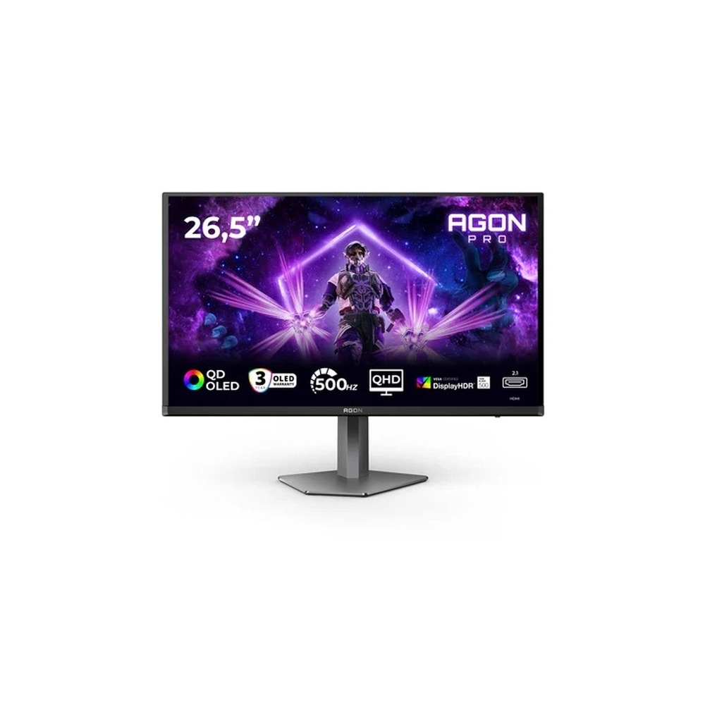 AOC AGON PRO AG276QKD2 - AG6 Series - OLED monitor - gaming - 27" (26.5" viewable) - 2560 x 1440 QHD @ 500 Hz - 1000 cd/m² - 15000000:1 - DisplayHDR 500 True Black - 0.03 ms - 2xHDMI, DisplayPort - speakers - dark grey, black