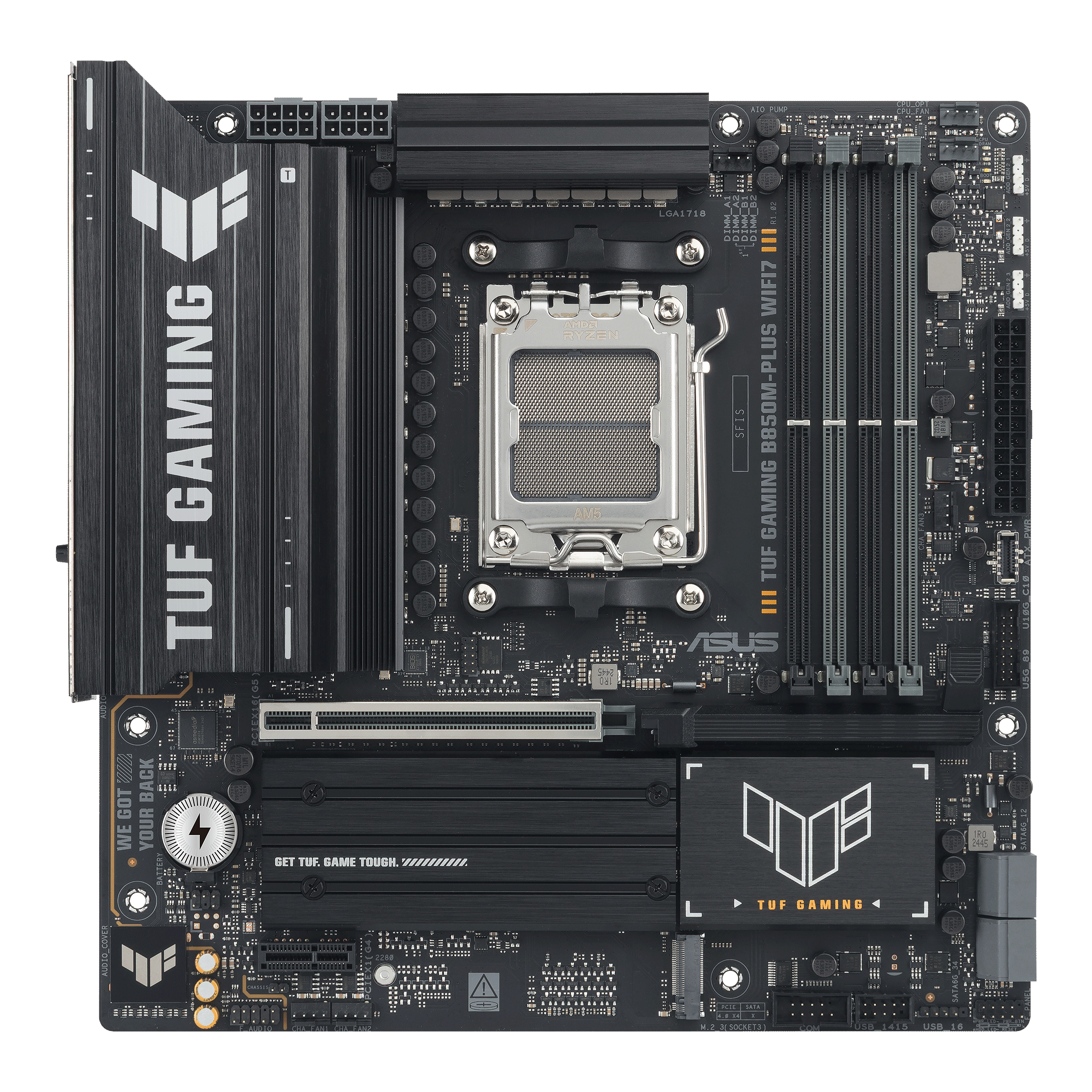 ASUS TUF GAMING B850M-PLUS WIFI7 W - Motherboard - micro ATX - Socket AM5 - AMD B850 Chipset - USB-C 3.2 Gen 2x2, USB 3.2 Gen 2, USB 3.2 Gen 1, USB-C 3.2 Gen2 - Wi-Fi 7, Bluetooth, 2.5 Gigabit LAN - onboard graphics (CPU required) - HD Audio (8-channel)
