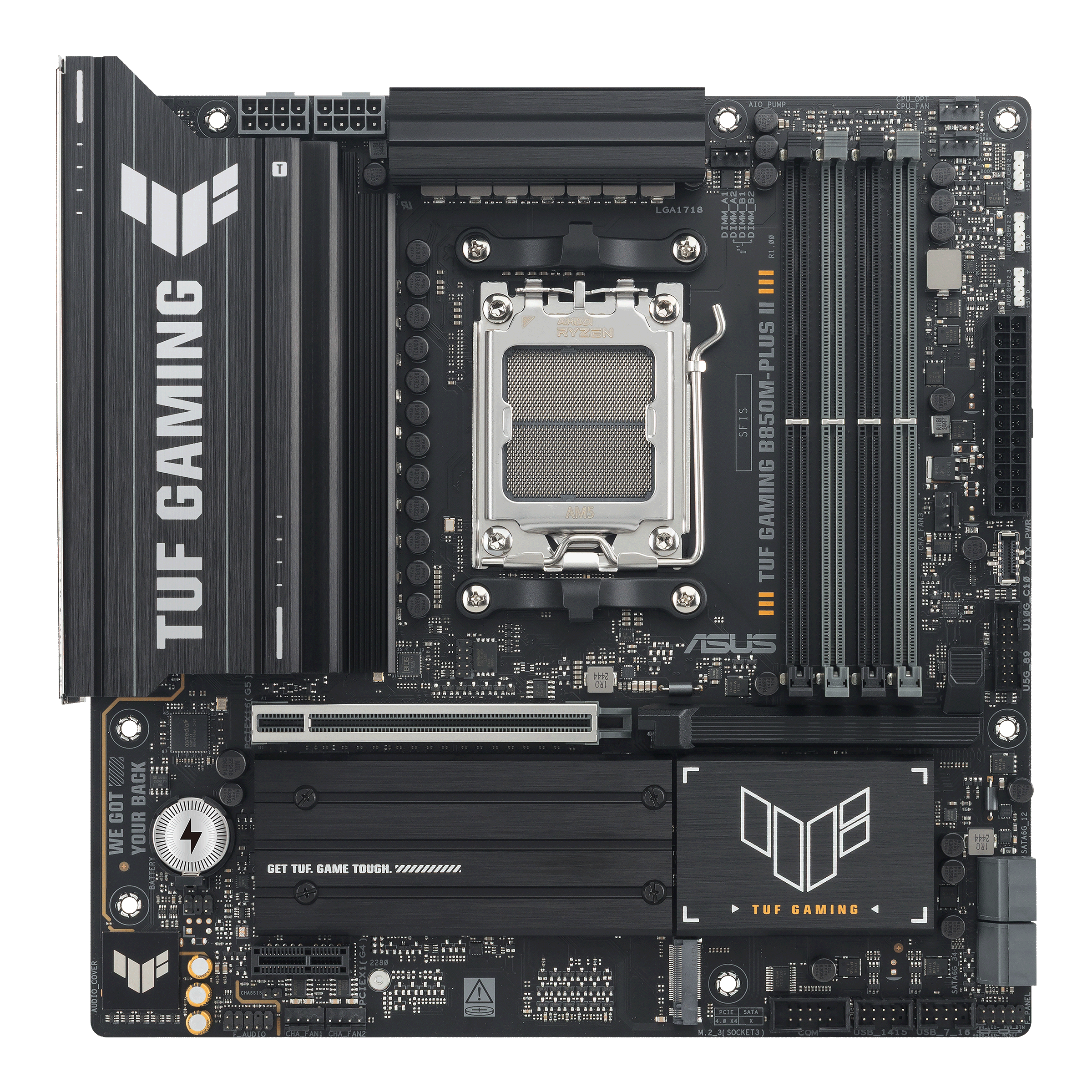 ASUS TUF GAMING B850M-PLUS II - Motherboard - micro ATX - Socket AM5 - AMD B850 Chipset - USB-C 3.2 Gen 2x2, USB-C 3.2 Gen2, USB 3.2 Gen 2, USB 3.2 Gen 1 - 2.5 Gigabit LAN - onboard graphics (CPU required) - HD Audio (8-channel)
