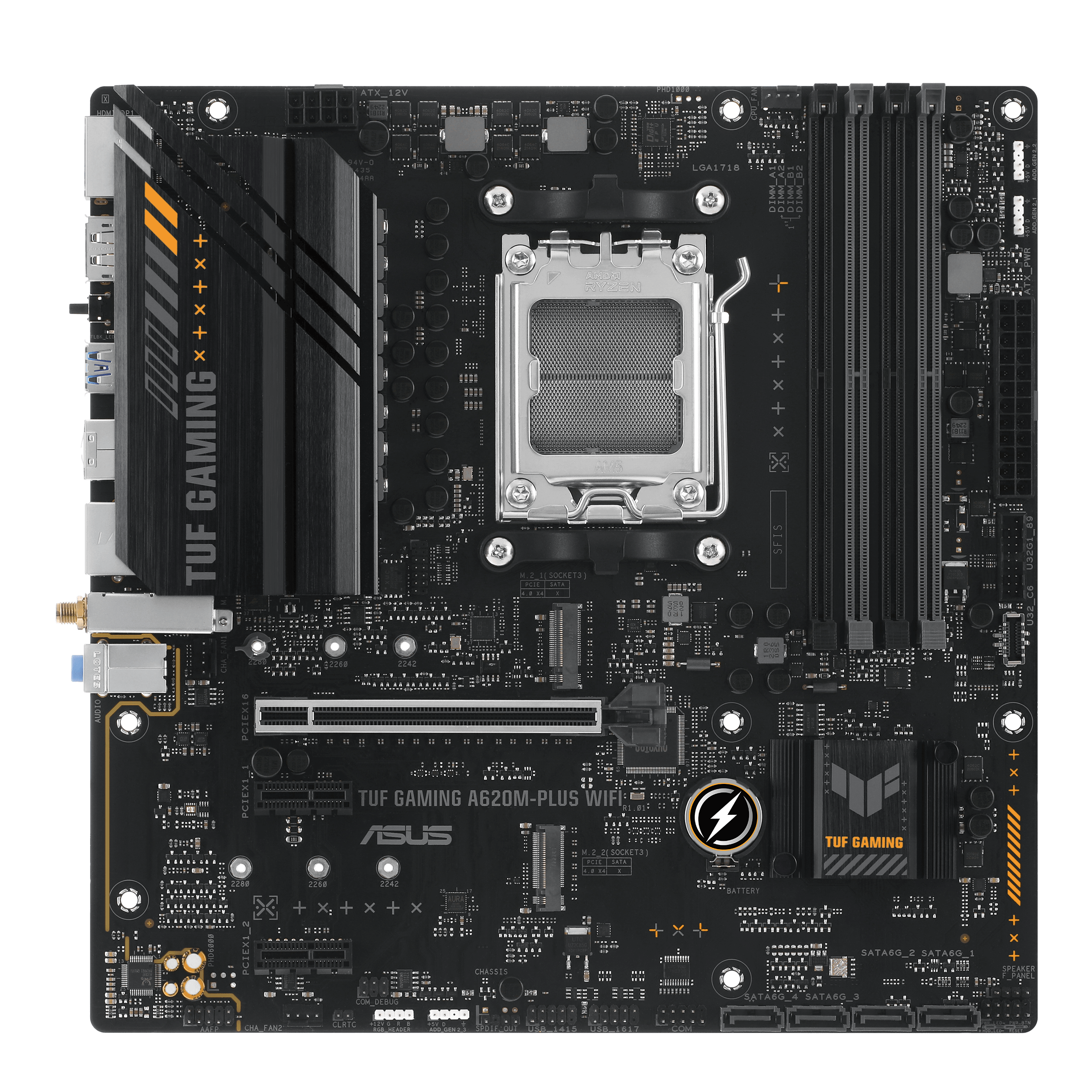 ASUS TUF GAMING A620AM-PLUS WIFI - Motherboard - micro ATX - Socket AM5 - AMD A620A Chipset - USB 3.2 Gen 1, USB-C 3.2 Gen 1, USB 3.2 Gen 2 - 2.5 Gigabit LAN, Wi-Fi 6, Bluetooth - onboard graphics (CPU required) - HD Audio (8-channel)