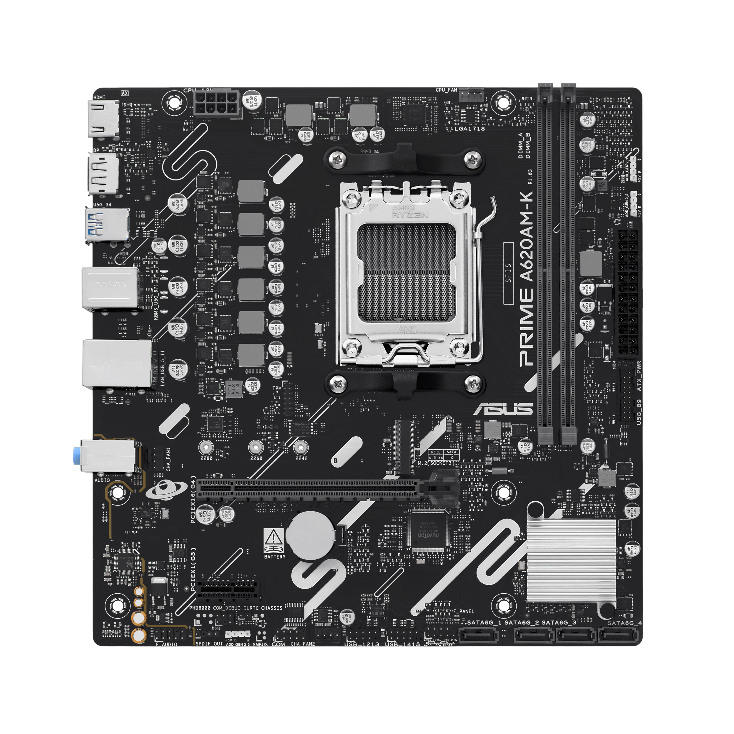ASUS PRIME A620AM-K - Motherboard - micro ATX - Socket AM5 - AMD A620A Chipset - USB 3.2 Gen 1 - Gigabit LAN - onboard graphics (CPU required) - HD Audio (8-channel)