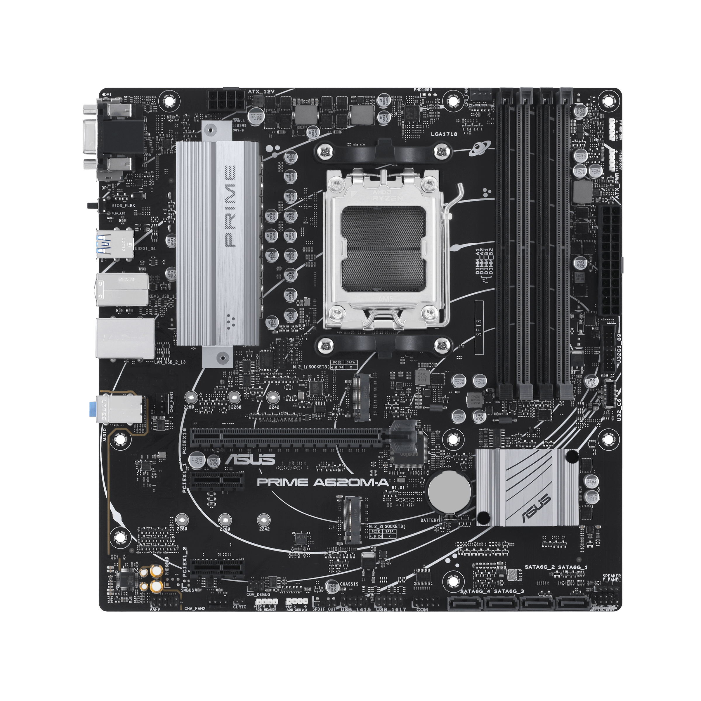 ASUS PRIME A620AM-A-CSM - Motherboard - micro ATX - Socket AM5 - AMD A620A Chipset - USB-C 3.2 Gen 1, USB 3.2 Gen 1, USB 3.2 Gen 2 - Gigabit LAN - onboard graphics (CPU required) - HD Audio (8-channel)